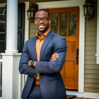 Imagine a confident and professional black realtor who is ready to help you find your dream home. Picture a warm and welcoming smile on their face, radiating genuine enthusiasm and excitement for the homebuying process. Visualize the realtor dressed in a stylish and professional manner, wearing a tailored suit or a smart business attire. Picture them exuding professionalism and approachability, creating an instant sense of trust and confidence. Envision the realtor holding a folder or a clipboar