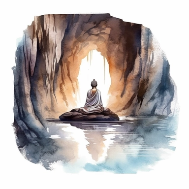 Buddha meditating in a cave with waterfall, watercolor style, clipart solid white background