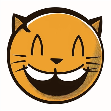 a clipart style logo of a smiley face but with cat ears and cat nose and cat whiskers