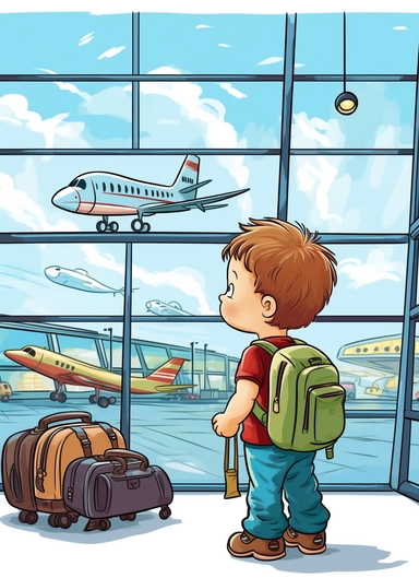 little boy clipart explorer clipper clipart boy explorer, at the airport terminal looking at the airplanes through the window, in the style of modern day casual dress style for babies, use of a map of the world, a passport and luggage, lightbox, soggy, pattachitra, associated press photo, primitive structures
