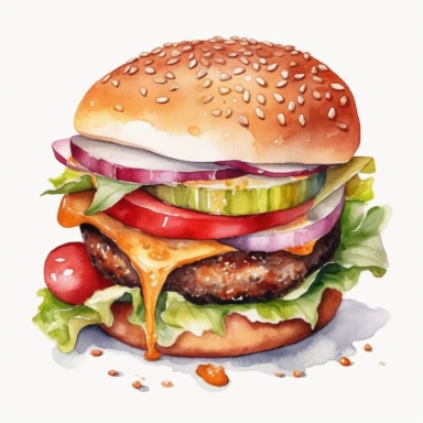 Aquarel hamburger clipart, Hamburger met friet clipart