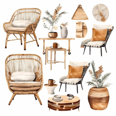 beautiful boho furniture, neutral tones, watercolor clipart, solid white background, hard edges, smooth