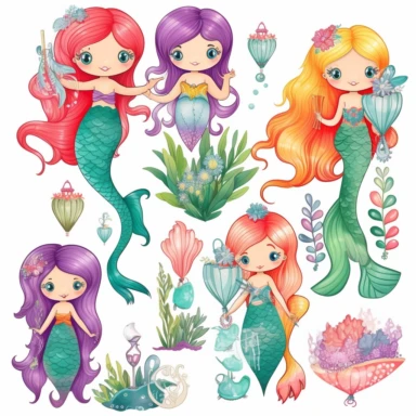enchanting Cartoon Magical Mermaid Clipart! Dive into a world of whimsy and wonder with these detailed and adorable mermaid illustrations. Each mermaid is meticulously designed with charming features, vibrant colors, and intricate details that will captivate both children and adults alike. With a white background, these clipart images are versatile these cute and lovable mermaids are sure to make a splash! Let your imagination swim free with our delightful mermaid clipart.