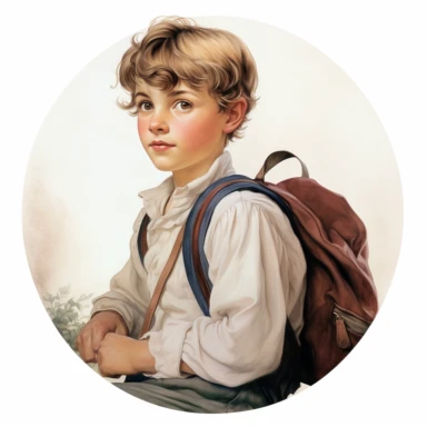 very beautiful boy with schoolbag, vintage, white background, round clipart with pastel color, detailed and lovely Renaissance painting