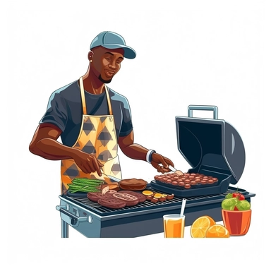 a 3D unrealistic image of a black man cooking on an outdoor grill dressed in summer clothes clipart, graphic vector, isolated on white background
