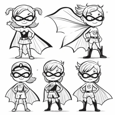 superhero clipart, black and white, white background, line drawing, no shading, multiple poses, cape, for kids, simple