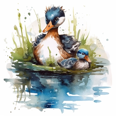 an adorable Duck mother with ducklings in a pond in the style of watercolour clipart with detailed brush strokes