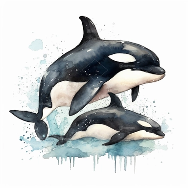 orca Mom and Baby Watercolor Clipart Graphic, 4k white background