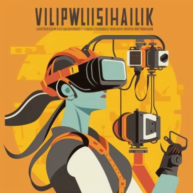 vr headset, virtual reality, industrial worker, poster, learning in vr gogle, repairing machine, simplistic, abstract, vector, 2d illustration, clipart, few colors, industrial, hi-tech