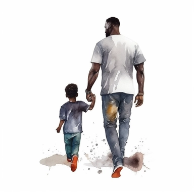black dad and his son back,realistic,watercolor clipart,full body crops,photography