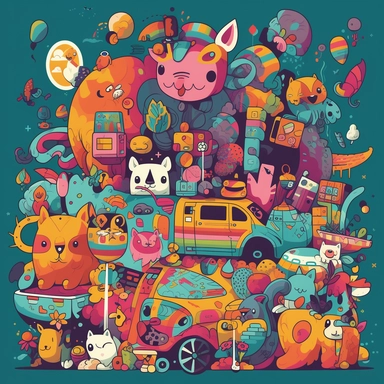 A colorful and playful scene featuring a variety of clipart images arranged in a fun and creative way. Think cartoon characters, animals, and objects arranged in a visually appealing manner, with a bold and eye-catching color scheme.