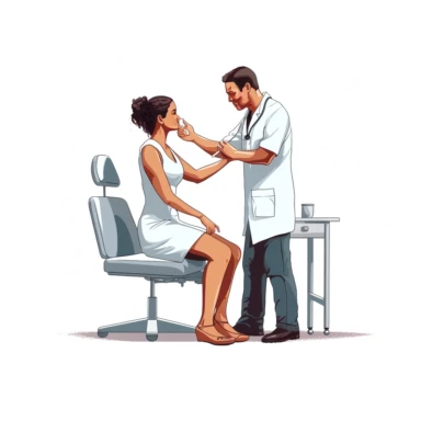 Realistic and well presented image of a male doctor performing a physical exam to a female patient, clipart art wotk, plain white background