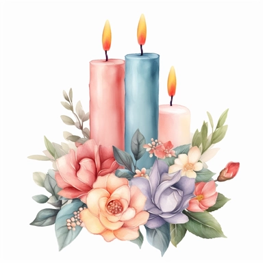 three candles, flower bouquet, pastel colors, watercolor style, white background, clip art
