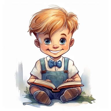 a happy little cute boy in a five-year-old, book, style by Lusy Fleming, folk art, watercolor, clipart elements, smooth gradients, black contour outline, ultra detailed, white background, super clear, high quality