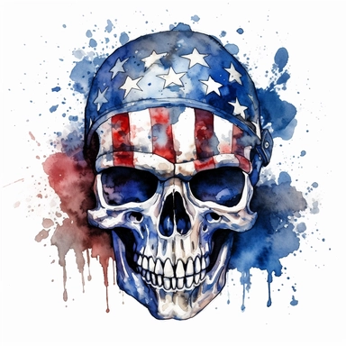 watercolour skull with a military steel helmet painting american flag, in the style of digital mixed media, splatter paintings, full body, tattoo, parodic, sentimental realism, ferrania p30, clipart