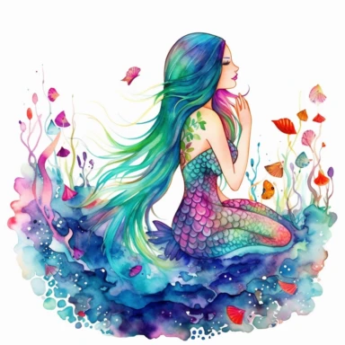 A watercolor clipart of a mermaid with long flowing hair, with petals all around, sitting on a rock in the ocean, vibrant colors birds background hope wishfulness luck positive energy breathtaking image Intricate details insanely defined