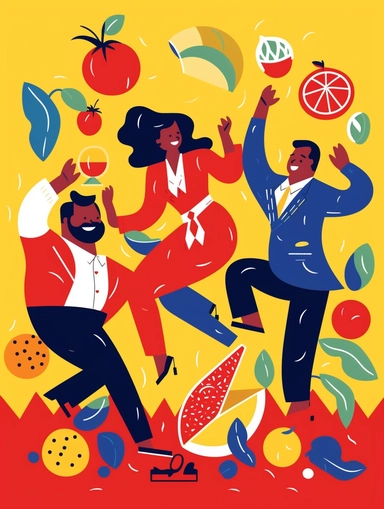 clipart scene of food dancing, Alegria style, corporate memphis style, flat art, bold colors, upbeat, happy, friendly, high resolution, 8k