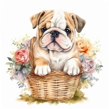 clipart watercolor, very cute english Bulldog puppy, sitting in a basket with flowers, full body, childlike, free brushwork, white background, high solution