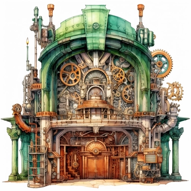 A majestic theater scene in steampunk style with rich emerald curtains, decorated with ornate copper gear motifs, and a stage adorned with complex, automated scenery, hyper-realistic, watercolor, intricate details, retro-futurism, solid white background, watercolor clipart.