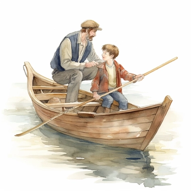 a detailed watercolour clipart, of a young father and son fishing on a wooden boat