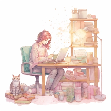 watercolor, hyper realistic, white background, white margins, 16k, ultra detailed clipart, cut out image, hand-drawn a girl working by a desk with a cat, a lamp and books, in the style of fairy kei, digital and glitchy, muted earth tones, light pink and dark brown, optical