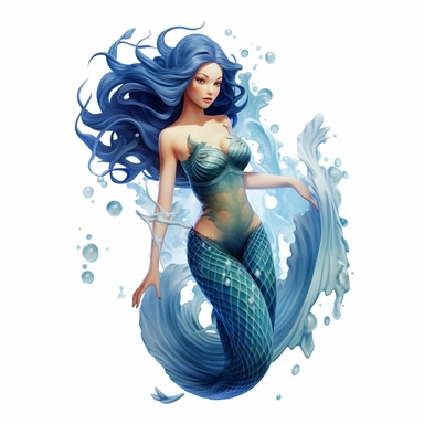 beautiful coloured mermaid girl, full body, fish tail, swimming, blue hair, paint art style, clipart, white background, superrealistic, one of a kind