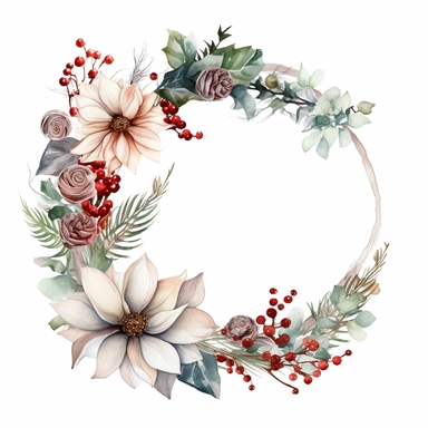 watercolour Christmas floral round wreath frame clipart solid white background