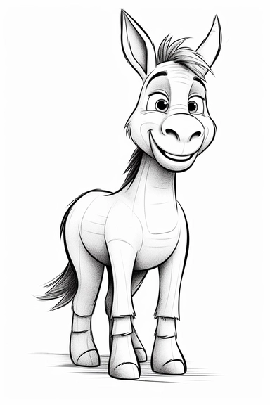 pixar Donkey clipart, simple line art, monocromatic, isolated on white background, color image, full body, stroke line art, for toddler coloring, 8k
