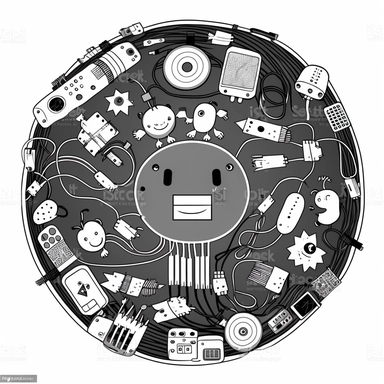 clipart of a cute pencil, full of circuits and cables and electronic components. Beautiful, flat, cute manga style, black and white, round image borders