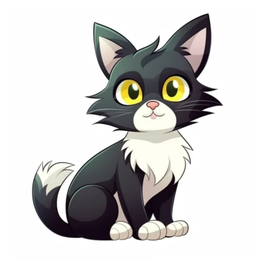 cute cartoon cat, black and white cat, black face with a little bit white by mouth, a lot of white on chest, white paws, black legs, yellow eyes, full body sitting, white background, clip art, vector graphic