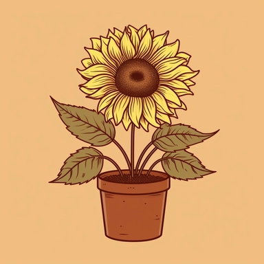 sunflower in a pot, lineart Clipart style on a brown background, minimalist style