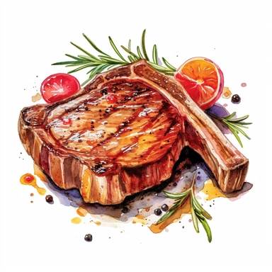 Bistecca alla Fiorentina: T-bone steak grilled with olive oil, rosemary, and garlic, watercolor clipart illustration, flat blank transparent background, food photography, soft cinematic lights, juicy, bright, high quality, ultra detailed, 32k