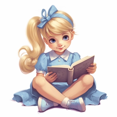 , A cute little girl about three years old, with pigtails on her head and blonde hair, wearing a flowing lila dress and socks on her feet is reading a book, lila, babyblue clipart, pastel,white background