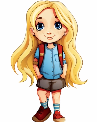a little girl smiling, cute and playful style, big eyes, blond long hair, clipart, 8k, clipart style, on white background, sneaker,
