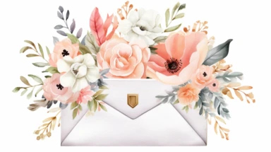 Maggie Holmes style, open envelope with flowers, clipart, white background