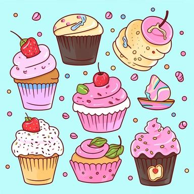 Sweet Y2K clipart illustrations of candy and desserts: Generate cute, colorful illustrations of cupcakes with frosting in various flavors and toppings such as sprinkles, chocolate chips, and cherries. Create adorable ice cream cones with pastel colors, decorated with hearts, stars, and swirls. Design charming donuts in cute shapes and colors, with toppings like rainbow sprinkles, chocolate drizzle, and candy hearts. Generate lovable candy bars with cute faces and fun packaging