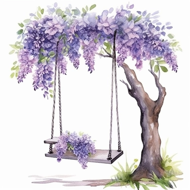 Under the tree, a swing was set up, with purple flowers wrapped around the swing rope. The swing swayed gently with the breeze, creating an watercolor ， White background ， Gouache style ，First communion illustrations clip art set
