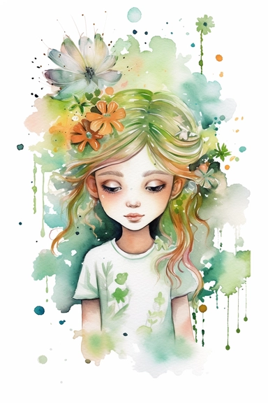 watercolour clipart of a girl , the sweet and scatterbrained dreamer, with a great sense of humor. She immerses herself in the world of digital design, creating exquisite papers for scrapbook albums. Though she may often forget things, her delicate touch and gentle nature shine through her artistry, make her smile and exalted mood, white background, high quality, 8k, f1