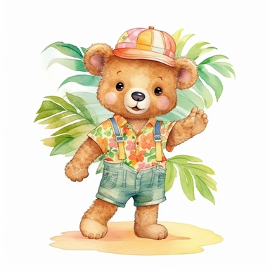 Cute baby bear clipart, happy expression, standing in dynamic pose, 1980s color scheme, wear play hat, hawaiian summer shirt, front view, in the style of watercolor cartoon clipart, kate greenaway style, high resolution, composition free space,watercolour clipart, watercolor illlustration for kids and children, isolated white background, clipart most popular on etsy, book illustration, featured on dribble, print on demand image, PNG tranparent background, composition medium shot, no text