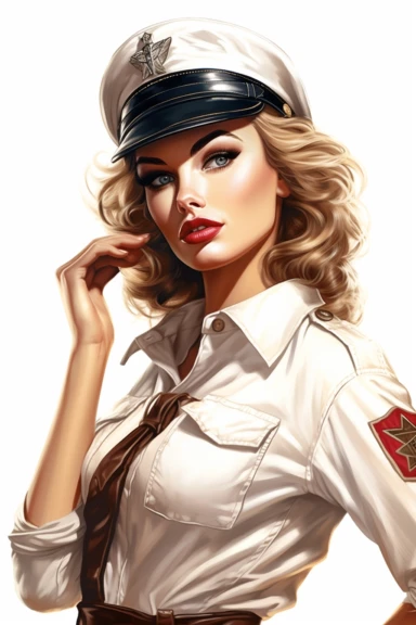 beautiful pretty pin up woman, makeup and hair vintage 50's style, dressed as pilot, paint art style, detail, clipart, white background, superrealistic, one of a kind