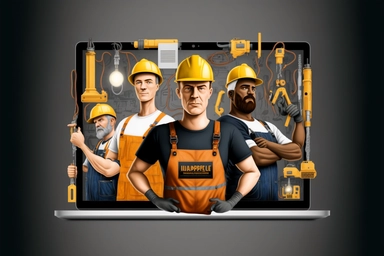 carpenter, plumber, gardener, electrician all in one frame, center aligned, clipart, handtools designs, orange yellow dark combination, providing home service, 3d photography, ultra realistic details, bright lighting, animation design, website