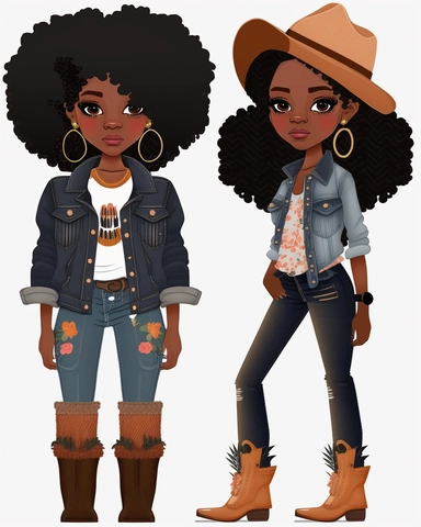 Denim girl clipart, cowboy hat, wearing black knee high boots, Denim clipart, Fashion girl clipart, Jeans Girl Clipart, African American clipart, Afro girls clipart--seed 2829693263,