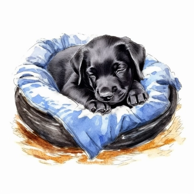 watercolor clipart image, black labrador retriever puppy sleeping in dog bed, white background