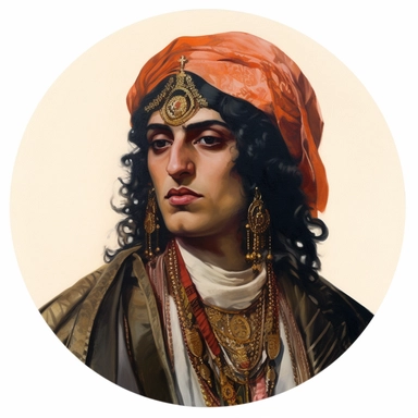 Martin Johanna's painting depicting an Irish Persian regency orientalism noble soldier, Amoako Boafo Mad Max Lord of the Rings, handpainted punk zine indie retrowave film poster, clipart illustration, circle white background, circular border