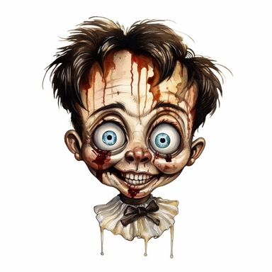 a headshot showing the scary face of a possessed ventriloquist doll, watercolor, ultra high-detail, dark outlines, clipart
