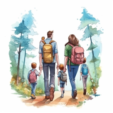 dad hiking in the woods with his family, white background, clip art, watercolor style--q2--v5.1--s1000