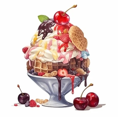 Watercolour of a Ice Cream sundae, Clipart,Cartoon,hyper realistic, intricate detail isolated on a white background, high quality, sublimation, detailed, cartoon style