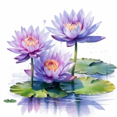 lotus flowers with violet blossoms floating on the water artistic watercolor with a delicate touch with shadow gradation white background clipart high quality 8k hyper detailed