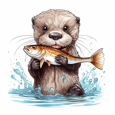 cute realistic baby otter eating a fish Clipart ,Cartoon,hyper realistic, intricate detail, illustration style,high solution,on the white background