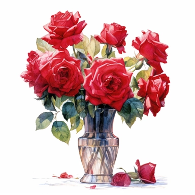 Bouquet of beautiful large red roses in transparent vase, standing in front of the the french door open to the french south of france garden, clipart, watercolor Illustration, Sublimation graphics, by Beatrix Potter, single design, print on demand image, PNG transparent background, white background, 8k